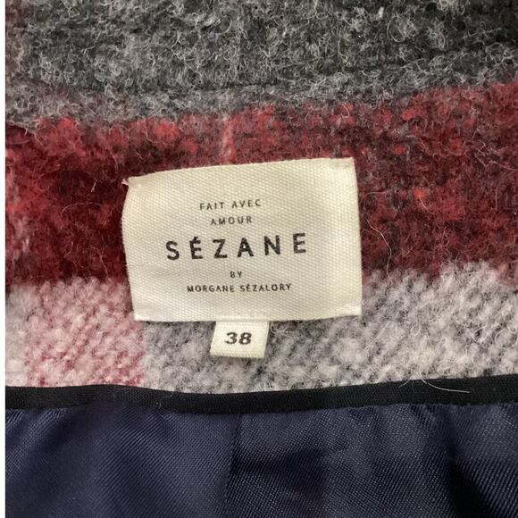 Sezane Octave Coat In Burgundy Gray Tiles Size 8 Plaid Double Breasted Jacket - Picture 9 of 11